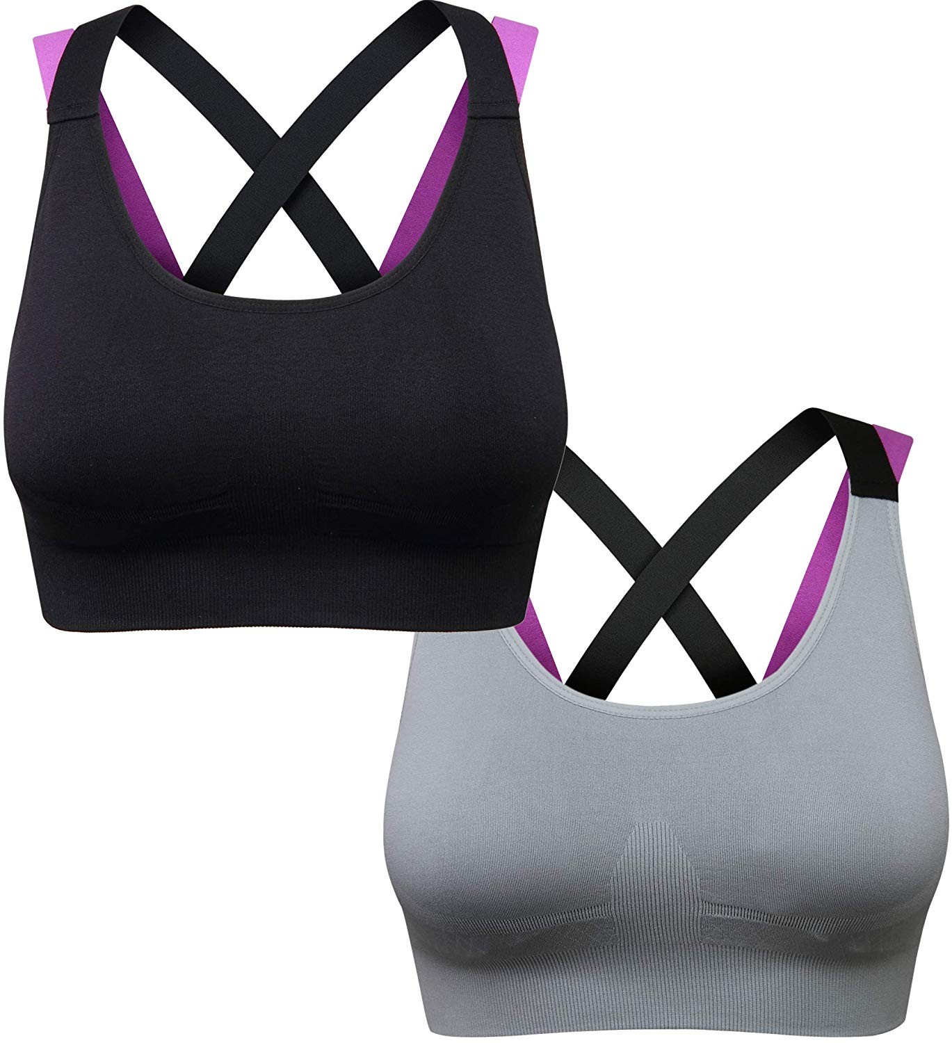 Racerback Sports Bra Padded Seamless High Impact Support Yoga Gym Workout Fitness - 2pcs (Black